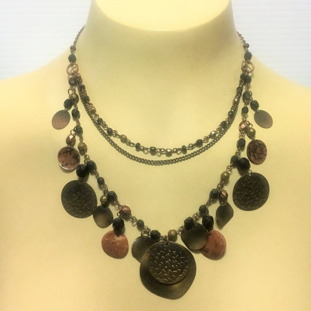 Vintage Yousi Copper Medallions, Black Glass & Copper Faceted Beads Neck